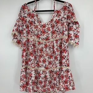 Umgee blouse small‎ pom poms cold shoulder flowy
